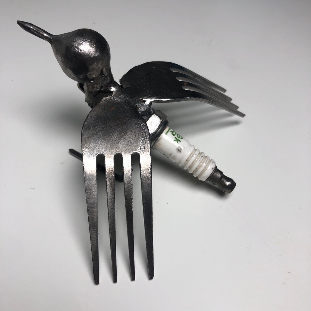 Handmade Metal Bird Sculpture Forks Spark Plug Whimsical Kitsch Retro Art